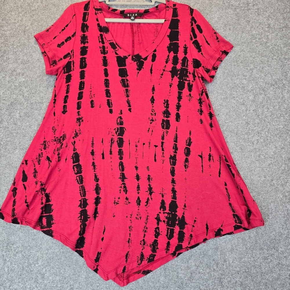 Bleu Tunic Top Womens XL Pink Black Tie Dye Stretch V Neck Handkerchief Hem